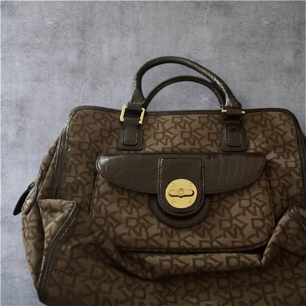Vintage DKNY Monogram Satchel Handbag • Brown Logo Print. Read Description - Picture 5 of 8